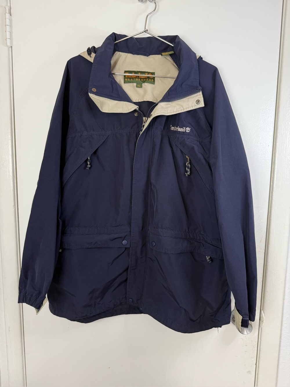 Timberland 90âs vintage menâs blue and cream, hooded weather gear jacket XL